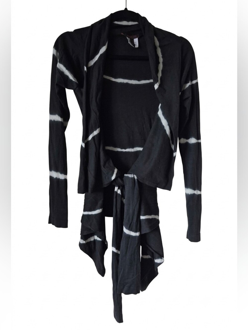 BCBGMAXAZRIA Silk & Cotton Wrap Front Tie Cardigan Top M/L Black White Stripe